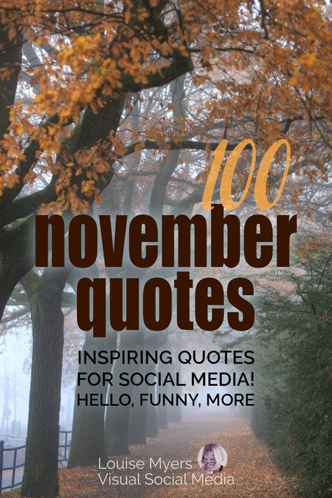 misty path lined with golden leafed trees says 100 november quotes to inspire on social media. Thankful November Quotes, Dear November Quotes, November Facebook Engagement Posts, November Quotes Short, November Memes Humor, November Thankful Quotes, November Quotes Inspirational, November Sayings Quote, Happy November Quotes Funny