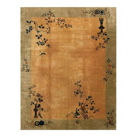 Antique Chinese - Art Deco Rug with a peach background. Measures: 9'0'' X 11'8''. Soft Yellow Background, Art Deco Carpet, Botanical Rug, Chinese Art Deco, Peach Background, Rug Studio, Asian Rugs, Chinese Rug, Art Deco Rugs