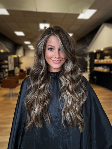 Brunette dimensional balayage Bronde Balayage Winter, Smoked Out Brunette, Winter Burnett Hair, Long Dimensional Brunette, Brunette Hair With Blonde And Red Highlights, Melted Hair Color Brown Brunettes, Dark Hair With Bright Money Piece, Icy Brunette Hair, High Contrast Balayage Brunettes