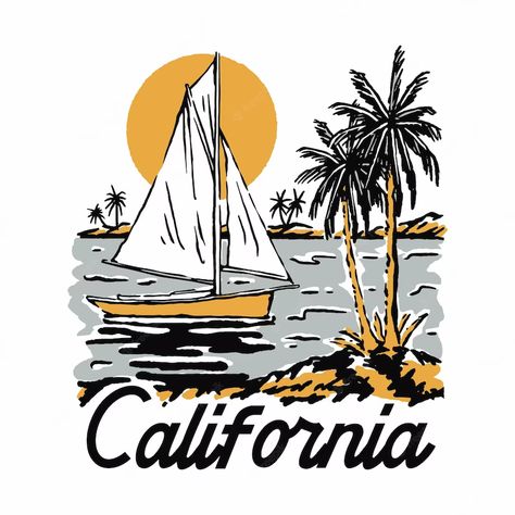 Beach Scene Illustration, Coast Illustration, California Illustration, Beach Illustration, California City, Saved Pins, Logo Vintage, Vintage Graphic Design, California Beach