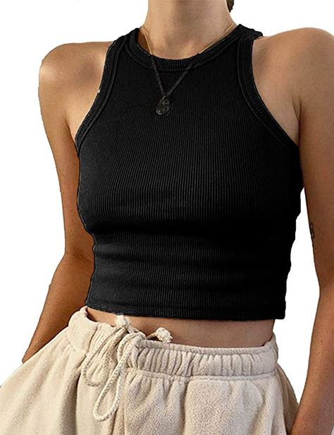 Black Cropped Tank, Solid Tank Tops, Tank Top Outfits, Cropped Vest, Crop Top Outfits, Sport Tank Tops, Crop Tank Top, Ribbed Tank Tops, Casual Tank Tops