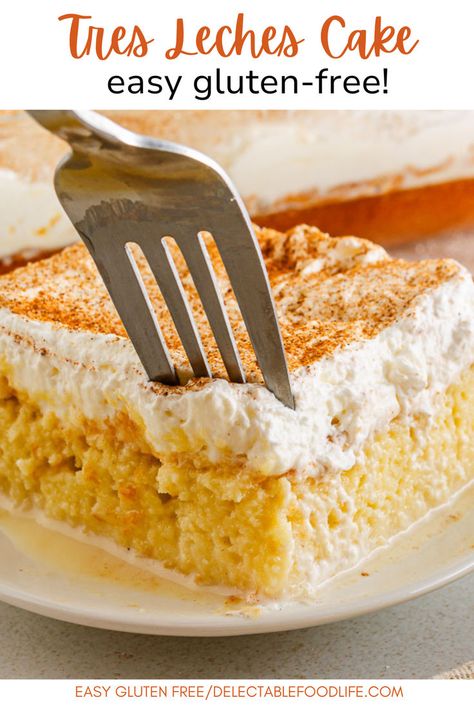 Slice of GF Tres leches cake Gluten Free Tres Leches Cake Recipe, Tres Leches Cake Gluten Free, Gf Tres Leches Cake, Tres Leches Gluten Free, Moist Gluten Free Cake, Gluten Free Tres Leches Cake, Gluten Free Tres Leches, Best Tres Leches Cake, Soaked Cake