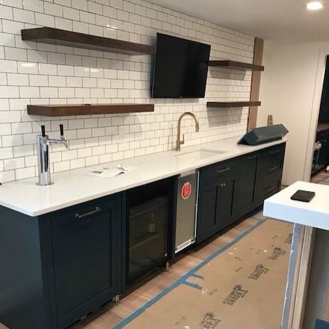 Kegerator In Kitchen, L Shape Wet Bar Ideas, Wet Bar Designs With Tv, Basement Bar Kegerator, Basement Bar With Kegerator, Home Bar With Kegerator, Built In Kegerator, Basement Kitchenette L Shape, Built In Kegerator Home Bars