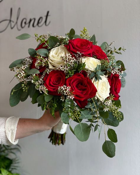 Red And White Christmas Wedding Bouquet, Bridal Bouquet Red And White Roses, Red And Silver Wedding Bouquet, Bouquet Of Flowers Wedding Red, Bridal Bouquet With Red Roses, Red Bridal Flowers Bouquet, Bouquet Wedding Red And White, Bride Bouquets Red And White, Red And Eucalyptus Wedding