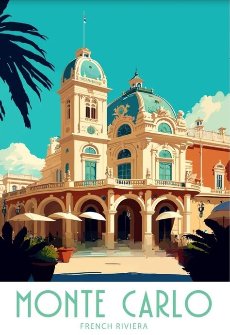 Monaco Illustration, Monte Carlo Poster, Monaco Poster, Monaco France, Monte Carlo Casino, Art Deco Travel Posters, Wanderlust Decor, Villefranche Sur Mer, Book Cover Illustration