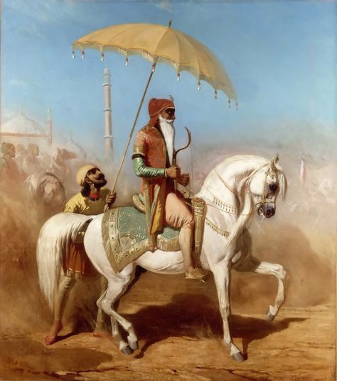 Alfred de Dreux - Randjiit Sing Baadur, King of Lahore [18… | Flickr Orientalist Paintings, Ranjit Singh, Maharaja Ranjit Singh, Arabian Horse Art, Painted Horses, Arabian Art, Lion Images, Equestrian Art, Powerful Images