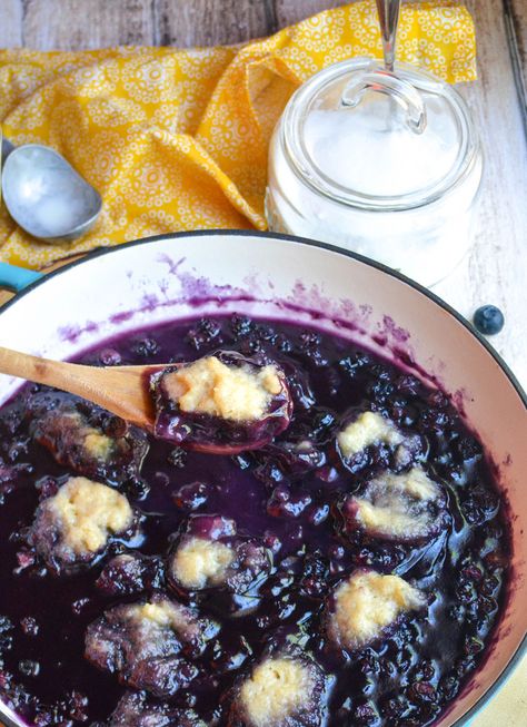 Blueberry Dumplings Skillet - 4 Sons 'R' Us Swedish Lunch, Blueberry Dumplings, Blackberry Dumplings, Dumpling Dough, Sweet Dumplings, Canned Biscuits, Blueberry Desserts, Dessert Candles, Buttery Biscuits