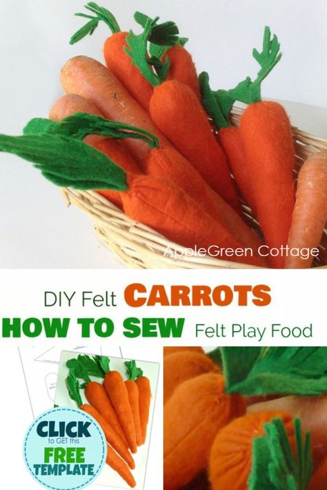 Learn how to make felt carrots, using this free template and tutorial. Do your kids love felt play food? Make a few felt carrots using this tutorial to start your felt play food collection, and then check out my favorite 7 felt food tutorials I have for you. Easy and quick to make, this felt carrot tutorial comes with a free PDF template! #feltfood #feltcarrots Play Food Diy, Spring Sewing Projects, Felt Carrot, Sewing Felt, Sew Felt, Felt Food Diy, Felt Food Patterns, Food Tutorials, Felt Fruit