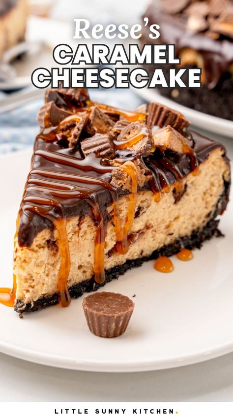 Reese's Caramel Cheesecake is a luscious, decadent dessert with caramel, peanut butter, and a rich chocolate ganache topping.