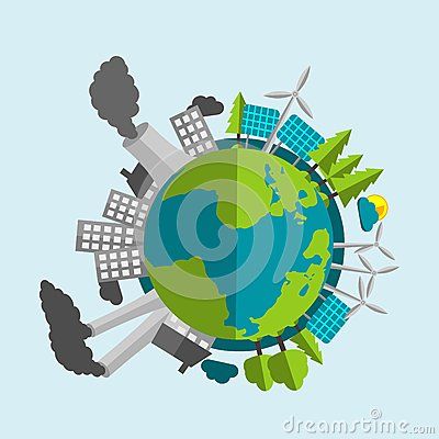 Planet Earth Cartoon - Half Filled With Renewable Energy Sources And Nature - Half With Industry And Pollution Vector Illustration Earth Cartoon, Renewable Energy Sources, Organic Logo Design, Earth Illustration, Weather Patterns, Renewable Sources Of Energy, Cloud Strife, Publication Design, Green Lifestyle