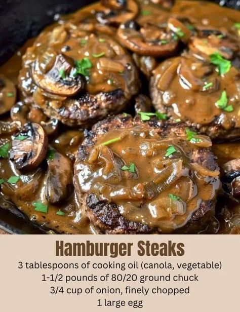 Hamburger Steaks with Onion Mushroom Gravy – Recipecs Hamburger Mushroom Gravy, Mushroom Hamburger Recipes, Hamburger Steak With Mushroom Gravy, Hamburger Steak With Brown Gravy, Hot Hamburger, All Recipes Banana Bread, Lemon Lush Recipe, Baked Hamburgers, Hamburger Steak And Gravy