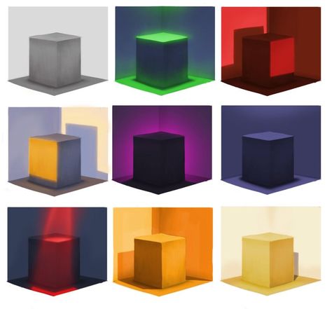 Different Types Of Lights, Lighting Exercise Drawing, Types Of Lighting Drawing, Color And Light Study, How To Paint Light, Types Of Shading, Cube Lighting, Color Exercises, Cube Painting