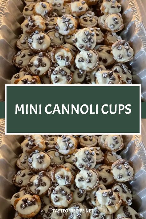 Reimagine the classic Italian treat with these delightful Mini Cannoli Cups! Crispy cinnamon-sugar crust cups cradle a luscious, zesty ricotta filling, making them the perfect bite-sized dessert for any gathering. Whether you top them with mini chocolate chips or finely chopped pistachios, the light… Cannoli Cheesecake Bites, Mini Canolli Cups, Mini Cannoli Bites, Cannoli Chocolate Chip Cookie Cups, Mini Canoli Cups Cannoli Dip, Ricotta Cannoli Squares, Quick Italian Desserts, Mini Pasta Cups, Canoli Cups Easy