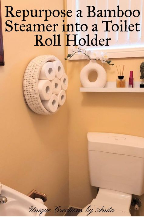 Bamboo Steamer Toilet Roll Holder - Unique Creations By Anita Bamboo Steamer, Wall Mounted Storage, Guest Toilet, Bamboo Basket, Wall Mounted Toilet, Repurposed Items, Toilet Roll Holder, Roll Holder, Toilet Paper Roll