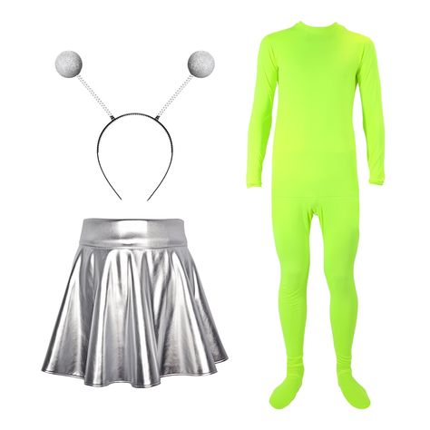 PRICES MAY VARY. Package Contents: the package includes an alien antenna headband, a silver pleated skirt, and a fluorescent green jumpsuit; This is a complete Halloween costume package that provides you with most of the items you need to create a beautiful Halloween look; Note that fluorescent green appears light yellow under strong light conditions, but green under dim conditions; This phenomenon is normal and is not a color difference Halloween Ready Design: the alien outfits have been design Glow Halloween Costume, Parent Costumes Halloween, Simple Alien Costume, Alien Costume Women’s, Alien Costumes Women, Female Alien Costume, Easy Alien Costume, Single Halloween Costumes For Teens, Diy Alien Costume Women