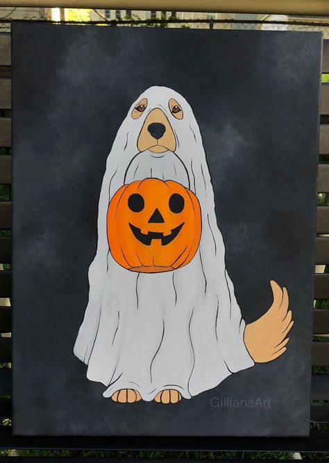 Halloween Canvas Paintings, Art Mini Toile, Halloween Canvas Art, Adorable Golden Retriever, Cute Easy Paintings, Fall Canvas Painting, Art Mignon, Cute Canvas Paintings, Easy Canvas Art