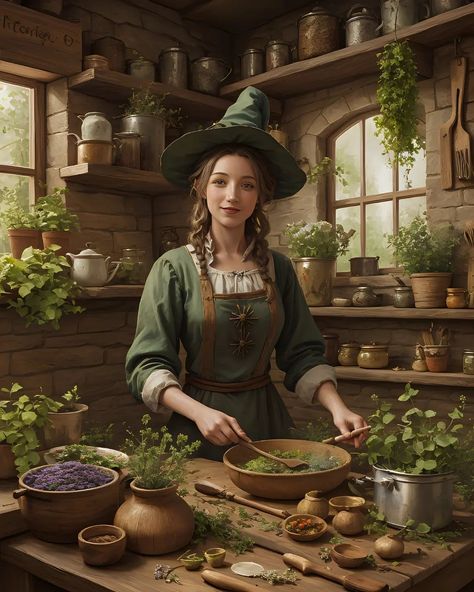 Amidst the aromatic swirls of spices and simmering potions, the kitchen witch conjures culinary enchantments with a dash of magic and a sprinkle of love 🥐🥞🍩🥧 for @rowan_lewgalon_aiart | #aiweekofwitchesmarch24 #aiartdaily #aichallenge #kitchenwitch #witch #magicalai #aiart #digitalart #fantasy #kitchen #mystical Tea Witch Aesthetic, Halloween Fantasy Art, Kitchen Witch Outfit, Apothecary Photoshoot, Herbal Witch Aesthetic, Hedge Witch Aesthetic, Fantasy Witch Art, Witch House Aesthetic, Fantasy Art Witch