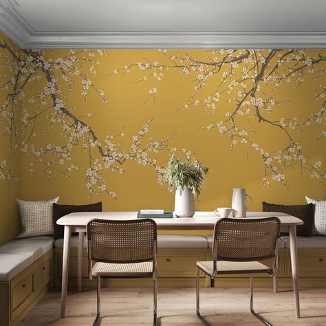 Sakura Turmeric Bespoke Mural Yellow Wall Mural, Graham Brown, National Flower, Shabby Chic Living, Custom Wall Murals, How To Hang Wallpaper, Yellow Wall, Graham & Brown, Yellow Walls