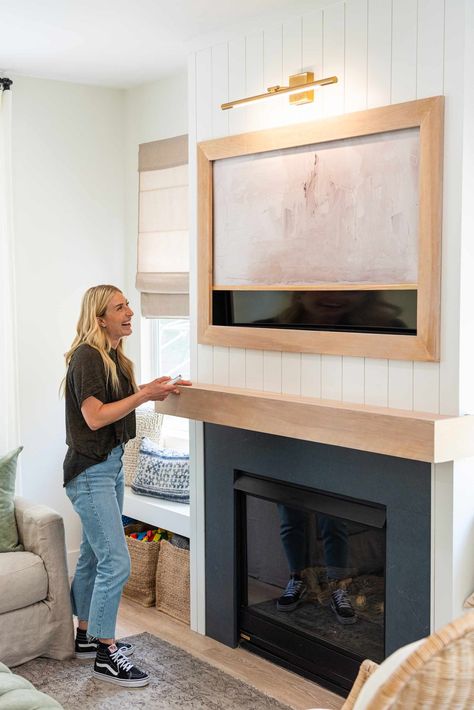 If there’s an opportunity for a secret room or hidden feature in a home, I take full advantage. If you’ve watched my show or follow me on Instagram, you might have caught on to the fact that I’m all about these special projects. Why not have some ... Hide Tv Over Fireplace, Tv Cover Up, Cornice Tv, Tv Above Fireplace, Tv Nook, Jasmine Roth, Tv Over Fireplace, Hidden Tv, Tv Covers