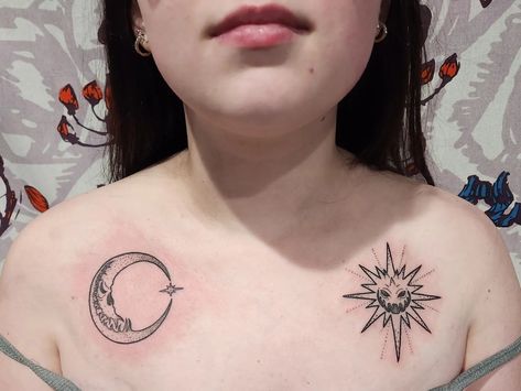 Scary Moon Tattoo, Creepy Sun And Moon Tattoo, Grunge Sun And Moon Tattoo, Sun Moon Face Tattoo, Sun And Moon Etching Tattoo, Full Moon Tattoo, Sun And Moon Tattoo, Tim Burton Tattoo, Monster Tattoo