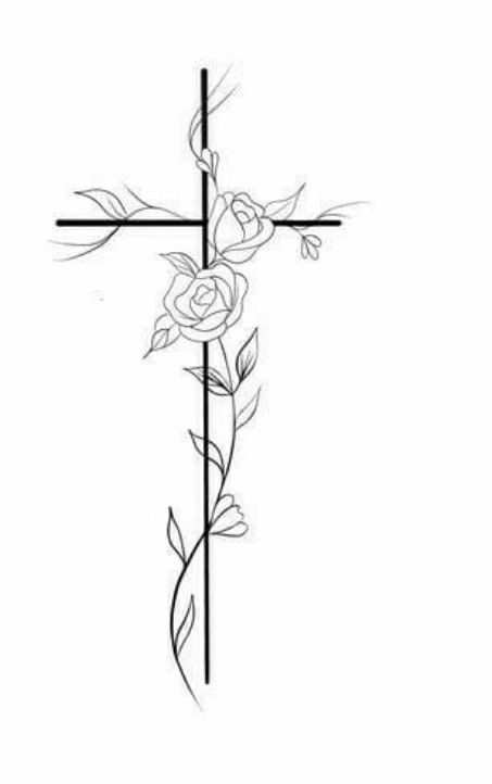 Small Cross With Roses Tattoo, Cross Collar Bone Tattoo, Cross And Rose Tattoo For Women, Spine Cross Tattoos For Women, Cross With Roses Tattoo, Cross Back Tattoo, Pretty Cross Tattoo, Crown Of Thorns Tattoo, Rose Tattoo Behind Ear