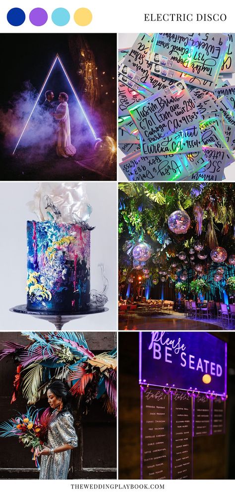 Electric Disco Wedding Ideas Woodland Disco Wedding, Luxe Disco Wedding, Edm Wedding Reception, Synthwave Wedding, Non Traditional Wedding Colors, Electric Wedding Theme, Wedding Club Party, Disco Theme Engagement Party, Rave Themed Wedding