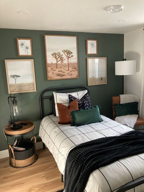 Midnight Green Bedroom Ideas, Cream And Forest Green Bedroom, Guest Room Green Accent, Army Green Bedroom Walls, Sage Green And Black Bedroom Aesthetic, Western Green Bedroom, Green Bedroom Men, Dark Green Accent Wall Bedroom Color Palettes, Olive And Black Bedroom