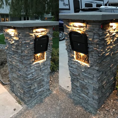 Mailbox column/post. Faux stone over cinderblock. Metal address plate (from Amazon), LED lighting (from Volt) Stone Mailbox With Package Storage, Contemporary Mailboxes Brick, Brick Address Pillar, Lighted Mailbox Ideas, Stone Mailbox With Light, Mailbox Solar Lighting Ideas, Mailbox Ideas With Stone, Mailbox Stone Ideas, Driveway Mailbox Ideas