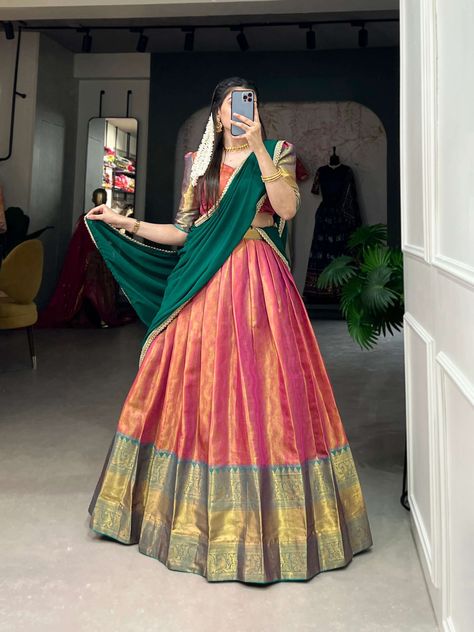 Pavadai Thavani, Kanjivaram Lehenga, Kanjivaram Blouse, Ceremonial Wedding, Zip Stitching, Onam Outfits, Red Lehenga Choli, Simple Lehenga, Simple Saree Designs