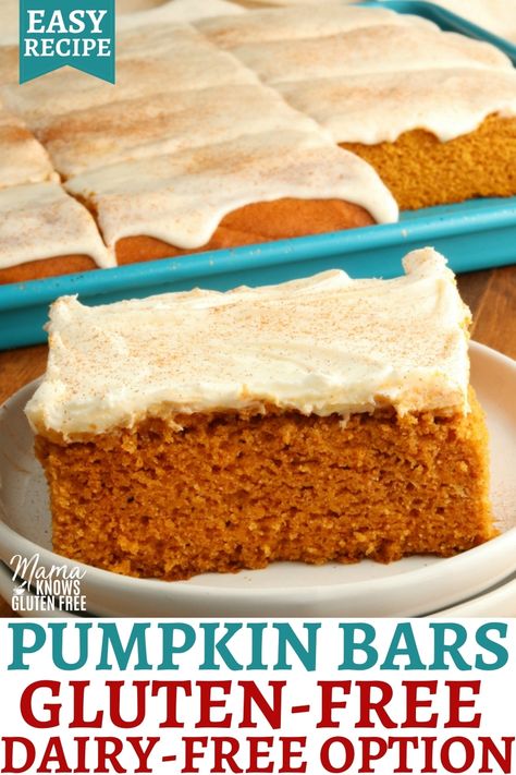 Pumpkin Gluten Free, Mama Knows Gluten Free, Gluten Free Pumpkin Bars, Pumpkin Bar, Pumpkin Bars With Cream Cheese, Gf Treats, Gluten Free Pumpkin Recipes, Bars With Cream Cheese Frosting, Bars With Cream Cheese