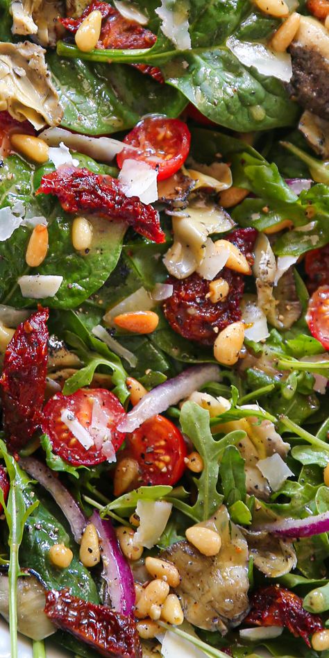 Italian Salad with Spinach, Arugula, Sun-Dried Tomatoes, Artichokes, Tomatoes, Pine Nuts, Parmesan. Arugula And Tomato Salad, Healthy Italian Salad Recipes, Romaine And Arugula Salad, Salads With Prosciutto, Salad Recipes For Italian Dinner, Sun Dried Tomato Salad Recipes, Green Italian Salad, Arugula Meal Prep, Vegetarian Italian Salad