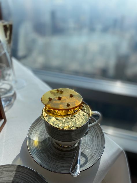 Gold Cappuccino @ Burj Khalifa Burj Khalifa Restaurant, Dubai Coffee Shop, Dubai Coffee, Coffee Aesthetics, Golden Tea, Billionaire Luxury, Khalifa Dubai, Luxury Coffee, Cocoa Tea