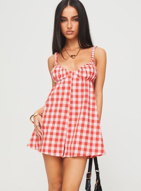 Romper Gingham print, elasticated shoulder strap, gathered ruched detailing at bust, sweetheart neckline, deep u-shape back design, relaxed fitting Non-stretch material, fully lined 100% cotton Cold gentle machine wash Gingham Romper, Girls Maxi Dresses, Baby Crop Top, Pink Formal Dresses, Corsets And Bustiers, Long Sleeve Tops Casual, Red Gingham, Strapless Tops, Floral Blue Dress