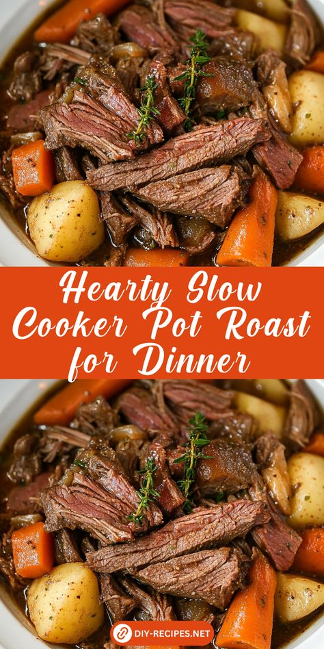 Serve up a warm and hearty dinner with this Slow Cooker Pot Roast recipe. Packed with seasoned beef, carrots, and potatoes, it's perfect for cozy nights! Crock Pot Roast Carrots And Potatoes, Crockpot Roast Seasoning Easy Recipes, Slow Cooker Pot Roast Healthy, Pot Roast With Worcestershire Sauce, Roast Beef Pepperoncini Crock Pot, Chuck Roast Crock Pot Recipes With Mashed Potatoes, Easy Healthy Pot Roast Crock Pot Recipes, Beef Roast In Crockpot Easy, Slow Cooker Beef Round Roast