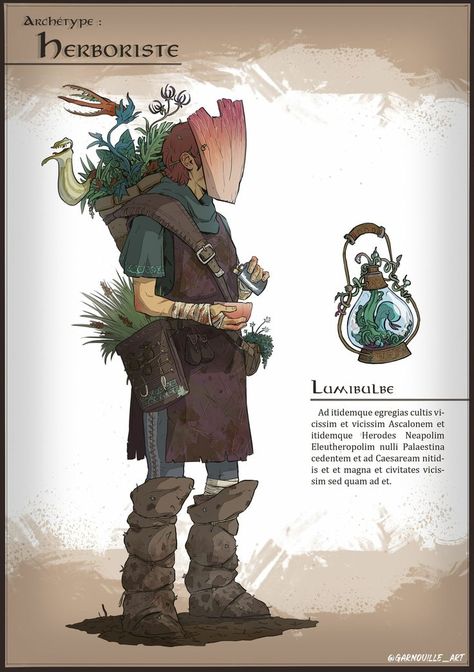 Herbalist Concept Art, Herbalist Outfit Design, Forager Character Design, Dnd Botanist, Forest Dweller Character Design, Moss Character Design, Apothecary Character Design, Fantasy Botanist, Dnd Herbalist