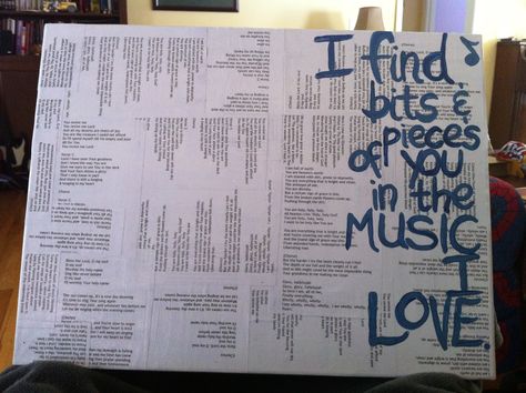 Canvas I made with printed song lyrics ModPodged to it and words painted over. Song Lyric Paintings Canvas Art, Song Lyric Collage Art, Song Lyric Paintings, Lyric Paintings, Lyrics Painting, Bookish Decor, Map Collage, Lyrics On Canvas, Art Muse