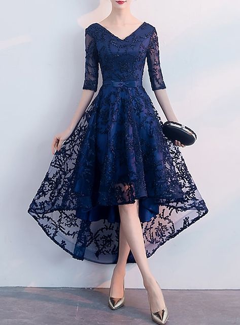 Homecoming Dresses High Low, Navy Homecoming Dress, Navy Blue Homecoming Dress, High Low Party Dresses, Cocktail Dress Elegant, Half Sleeve Women, Navy Blue Cocktail Dress, Minimalist Dress, Formal Bridesmaids Dresses