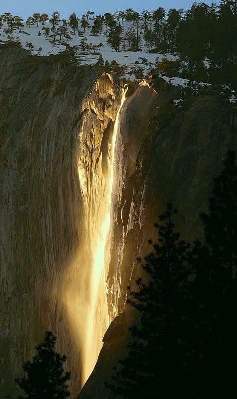 Once a year in Yellowstone National Park, the sun hits just right to make this waterfall appear golden in color. Horsetail Falls, Magic Places, Matka Natura, Month Of February, Air Terjun, Alam Yang Indah, Yosemite National Park, Pretty Places, On Fire