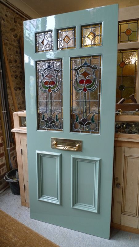 Art Nouveau Stained Glass Door Front Door Victorian Stained Glass Panels, Victorian Front Door, Victorian Front Doors, Front Door Styles, Stained Glass Door, Edwardian House, Front Door Entrance, Door Inspiration, Pink Door