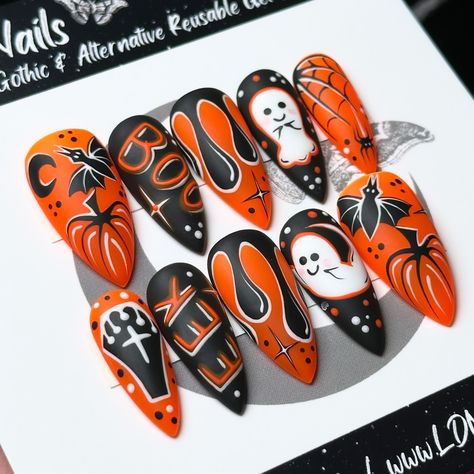 Orange you glad Halloween nails are a thing?? - Yeah I said that.. Haunt in style with these spooky cuties! 🧡👻🦇 Spooky Cutie (Orange) on Après Medium stiletto 💅🏻 ⁣ .⁣ .⁣ .⁣ .⁣ .⁣ #halloweennailsdesign #halloweennailart #spoopy #spookyseason👻 #spookyszn #spookyforever #halloweenart #halloweennails #handpaintednails #spookycutevibes #spookyseason #pumpkinnails #orangenails #spookyforlife #creepycute #spookycute #spiderwebnail #spookycuteart #spookynailart #spookyobsession #spookynails #spookyq... Cutie Orange, Nails Gothic, Nail Halloween, Medium Stiletto, Cartoon Nails, Spooky Nails, Witchy Nails, Halloween Press On Nails, Pumpkin Nails