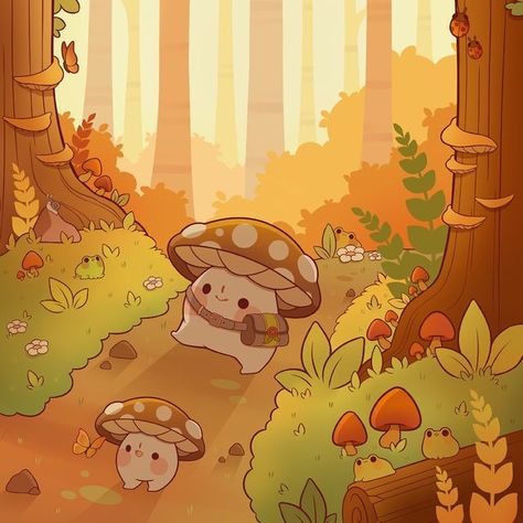 Rihn 🍄 on Instagram: "Hi friends! 🍂🍄 Today the mushrooms are on a walk in the forest. Probably on their way to get some snacks 🍩😋 How else do you think they stay so round! I hope you all have a great weekend! 🍂 . . . . . 🍄[Tags]🍄 #mushroom #mushrooms #mushrooms🍄 #fungi #fungifreaks #mushroomart #cottagecore #cottagecoreaesthetic #cottagecoreart #fae #faerie #faeriecore #forestcreature #forestlovers #fairycore #mushroomcore #goblincore #cozycore #frog #cutefrogs #fallart #autumnforest" Mushroom Core Art, Mushroom Forest Art, Mushrooms Aesthetic, Mushroom Aesthetic, Cottage Core Art, Walk In The Forest, Forest Drawing, Mushroom Wallpaper, Forest Walk