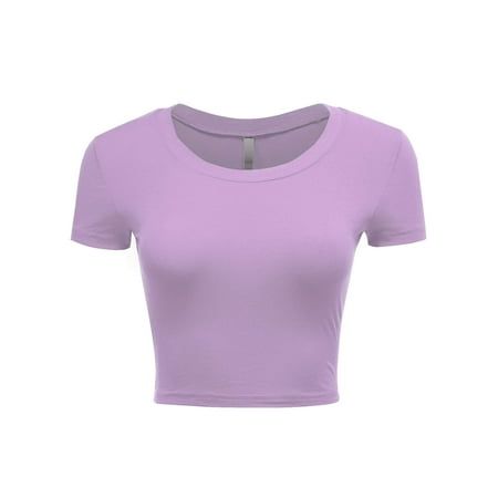 Crew neck women stretch skin friendly comfortable crop short sleeve fashionable look top. Selection of beautiful solid color options, so you can pick and choose the ones that you love. Size: S.  Color: Purple.  Gender: female.  Age Group: adult. Top Morado, Light Purple Shirt, Cute White Shirts, Purple Shirts, Disney Fits, Collard Shirt, Girly Pop, Basic Crop Top, Purple Crop Top