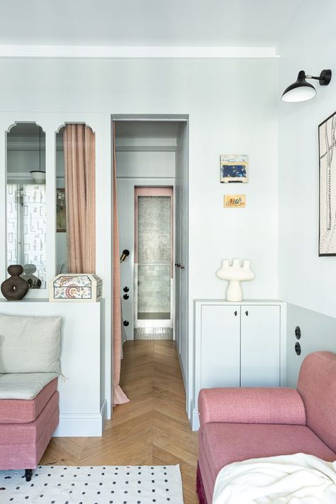 A small, dark Parisian apartment transformed • The Home Page Studio Apartment Color Scheme, Tiny Apartment Interior Design, French Studio Apartment, Mini Apartment Design, Small French Apartment, Cute Studio Apartment, Parisian Studio Apartment, Tiny Parisian Apartment, Paris Studio Apartment