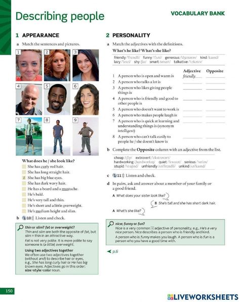 Esl Describing People, Esl Worksheets Intermediate, Conversational English Lessons For Adults, Personality Activities, Personality Vocabulary, Personality Worksheet, Describing Personality, English Conversation Worksheets, Appearance Worksheet