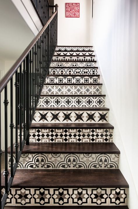 28 Ways to Use Cement Tiles to Transform Your Home - Granada Tile Cement Tile Blog | Tile Ideas, Tips and More Stairs Tiles Design, Tiled Staircase, Concrete Tile Floor, Tile Stairs, Interior Design Per La Casa, Staircase Makeover, Modern Stairs, Cement Floor, Stair Risers