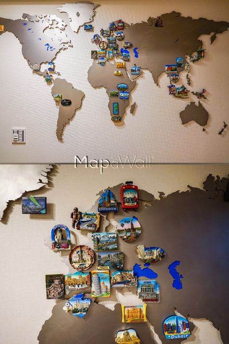 Magnetic stainless steel world map with colourful refrigerator magnets World Map Magnetic Board, Magnet Board For Travel Magnets, Travel Wall Ideas Home Decor, Magnet Wall Ideas, World Map Ideas, Magnetic Wall Ideas, Magnet Display Ideas, Travel Magnet Display Ideas, Travel Magnets