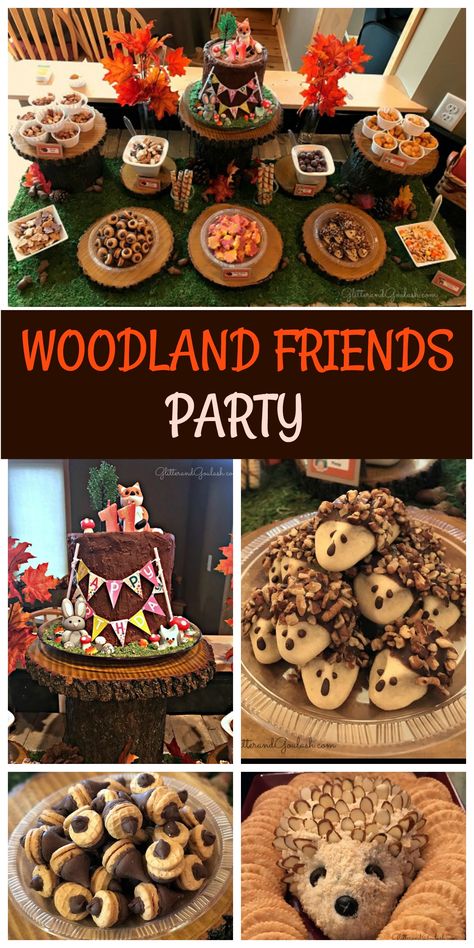 Woodland Friends Birthday Party, Woodland Forest Theme Party, Woodland Animal Party Ideas, Woodland Animal Themed Birthday Party, Forest Animals Birthday Party Ideas, Woodland Theme Games, Woodland Animal Birthday Party Girly, Snacks For Woodland Party, Woodland Theme Treats