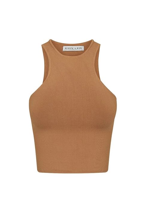 Basic Racer Back Top | Tan | Tops | Shona Joy – Shona Joy International Chica Punk, Tank Outfit, Shona Joy, Tan Top, Designer Tops, Tops Online, Looks Chic, One Shoulder Tops, Online Tops