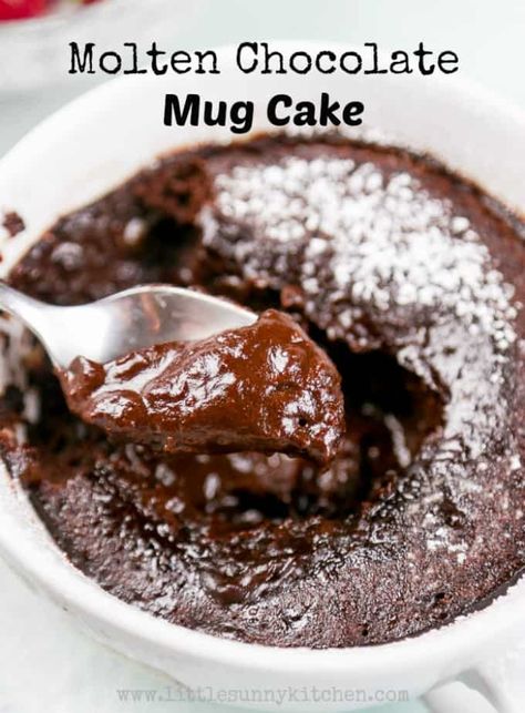 Vegan Molten Chocolate mug cake is ready in just 2 minutes. It's decadent, smooth and absolutely heavenly! You won't believe that this lava cake is made in the microwave. Lava Mug Cake, Mug Dessert Recipes, Vegan Mug Cakes, Little Sunny Kitchen, Sunny Kitchen, Chocolate Mug Cake, Mug Cake Microwave, Cake Mug, Quick Dessert Recipes