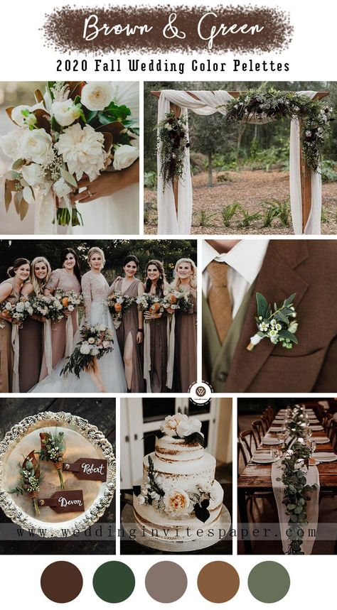 Shades Of Brown Wedding Theme, Green And Brown Wedding, Green Brown Wedding, Brown Wedding Themes, Green Fall Weddings, Wedding Theme Color Schemes, Fall Wedding Color Schemes, Wedding Color Palettes, Wedding Themes Spring